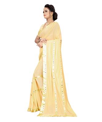 cream plain silk blend saree with blouse 2
