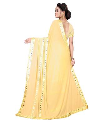 cream plain silk blend saree with blouse 3