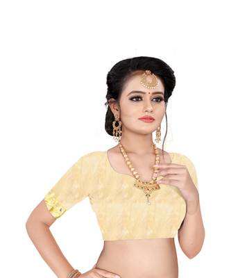 cream plain silk blend saree with blouse 4