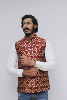 Maroon printed silk blend nehru-jacket 1