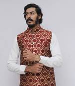 Maroon printed silk blend nehru-jacket
