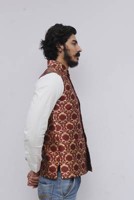 Maroon printed silk blend nehru-jacket 2