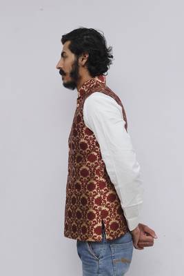 Maroon printed silk blend nehru-jacket 3