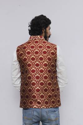 Maroon printed silk blend nehru-jacket 4