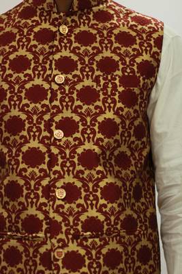 Maroon printed silk blend nehru-jacket 5