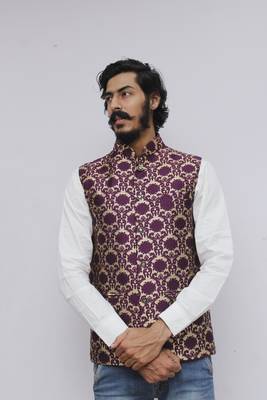 Purple printed silk blend nehru-jacket 1