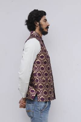 Purple printed silk blend nehru-jacket 2