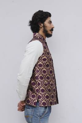 Purple printed silk blend nehru-jacket 3