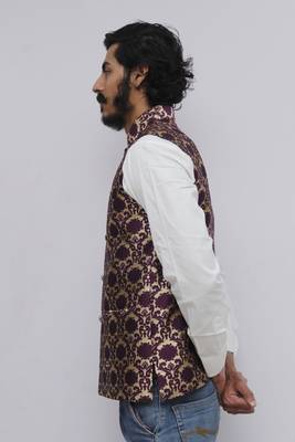 Purple printed silk blend nehru-jacket 5