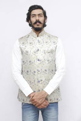 Blue printed silk blend nehru-jacket 1