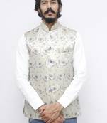 Blue printed silk blend nehru-jacket