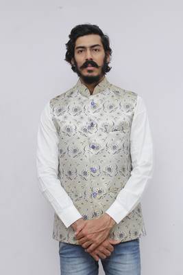Blue printed silk blend nehru-jacket 2