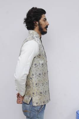 Blue printed silk blend nehru-jacket 3