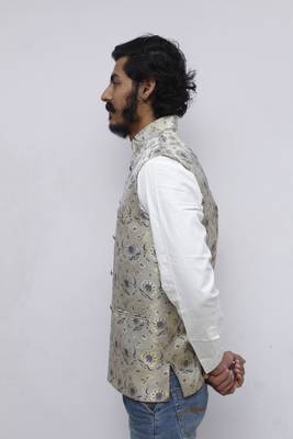 Blue printed silk blend nehru-jacket 5