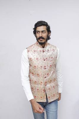 Maroon printed silk blend nehru-jacket 1