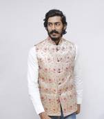 Maroon printed silk blend nehru-jacket