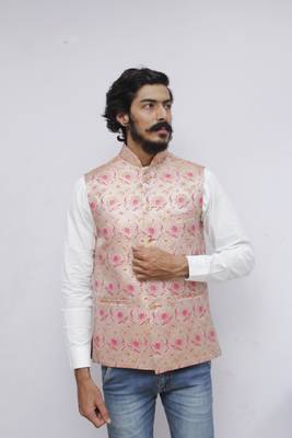 Pink printed silk blend nehru-jacket 1