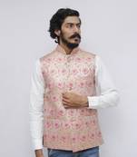 Pink printed silk blend nehru-jacket