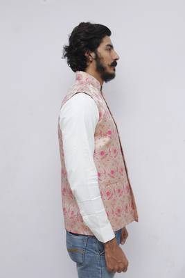 Pink printed silk blend nehru-jacket 2