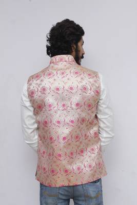 Pink printed silk blend nehru-jacket 4