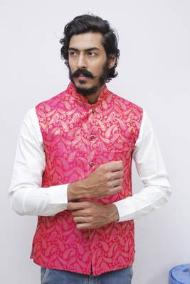 Pink printed silk blend nehru-jacket 1