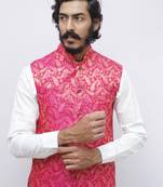 Pink printed silk blend nehru-jacket