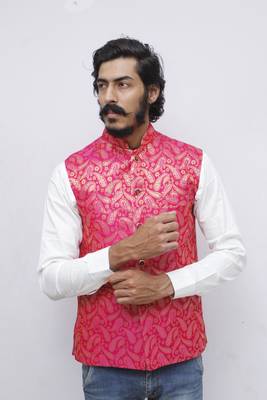 Pink printed silk blend nehru-jacket 2