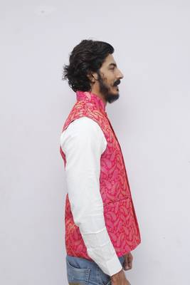 Pink printed silk blend nehru-jacket 3