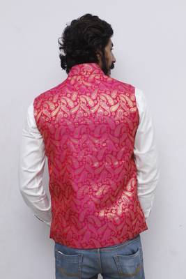 Pink printed silk blend nehru-jacket 4