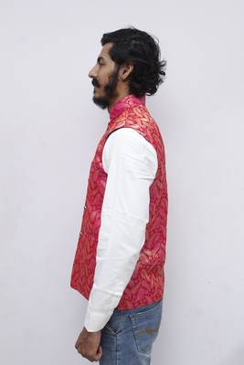 Pink printed silk blend nehru-jacket 5
