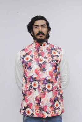 White printed polyester nehru-jacket 1