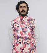 White printed polyester nehru-jacket