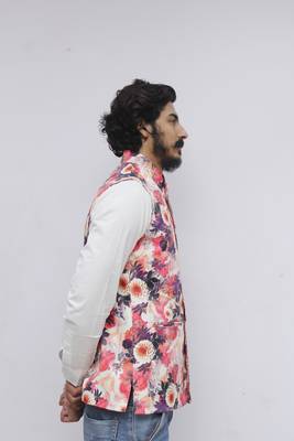 White printed polyester nehru-jacket 2