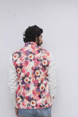 White printed polyester nehru-jacket 4