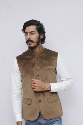 Beige plain velvet nehru-jacket 1