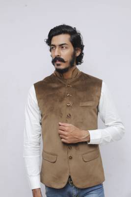 Beige plain velvet nehru-jacket 2