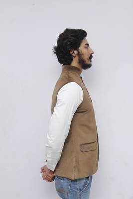 Beige plain velvet nehru-jacket 3