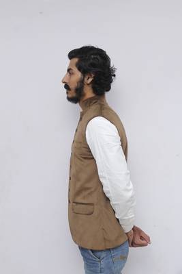 Beige plain velvet nehru-jacket 4