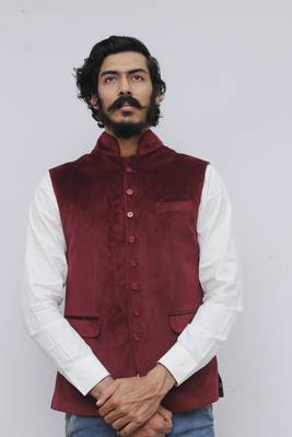 Maroon plain velvet nehru-jacket 1