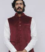Maroon plain velvet nehru-jacket