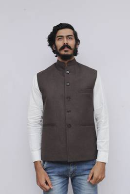 Brown plain cotton nehru-jacket 1