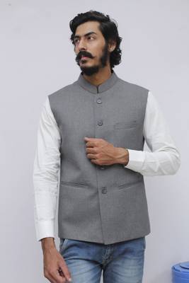 Grey plain cotton nehru-jacket 1