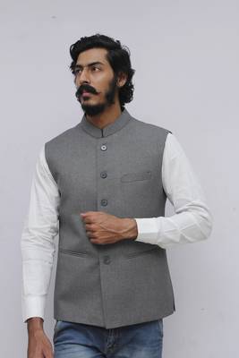 Grey plain cotton nehru-jacket 2