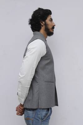 Grey plain cotton nehru-jacket 3