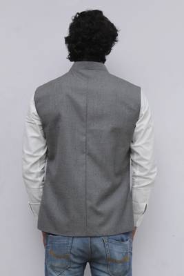 Grey plain cotton nehru-jacket 4
