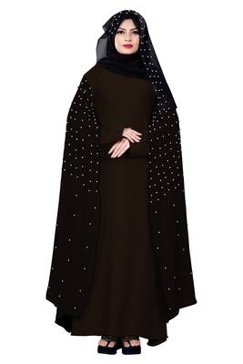 Justkartit Coffee Color Occasion Wear Nida Chiffon Abaya Burka With Pearl Work And Hijab Scarf 1