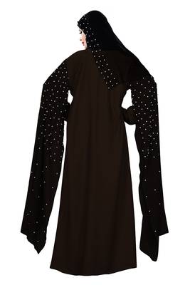 Justkartit Coffee Color Occasion Wear Nida Chiffon Abaya Burka With Pearl Work And Hijab Scarf 2