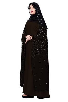 Justkartit Coffee Color Occasion Wear Nida Chiffon Abaya Burka With Pearl Work And Hijab Scarf 3
