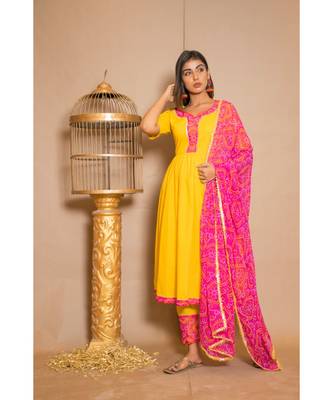 Yellow plain Cotton stitched kurta sets 1