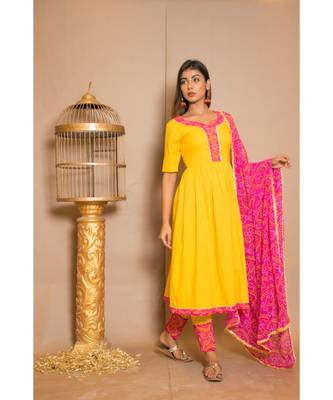 Yellow plain Cotton stitched kurta sets 3